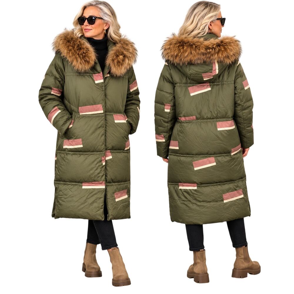 Wife First Sz 6 Olive Grey Duck Down Puffer Coat Genuine Raccoon Fur Long